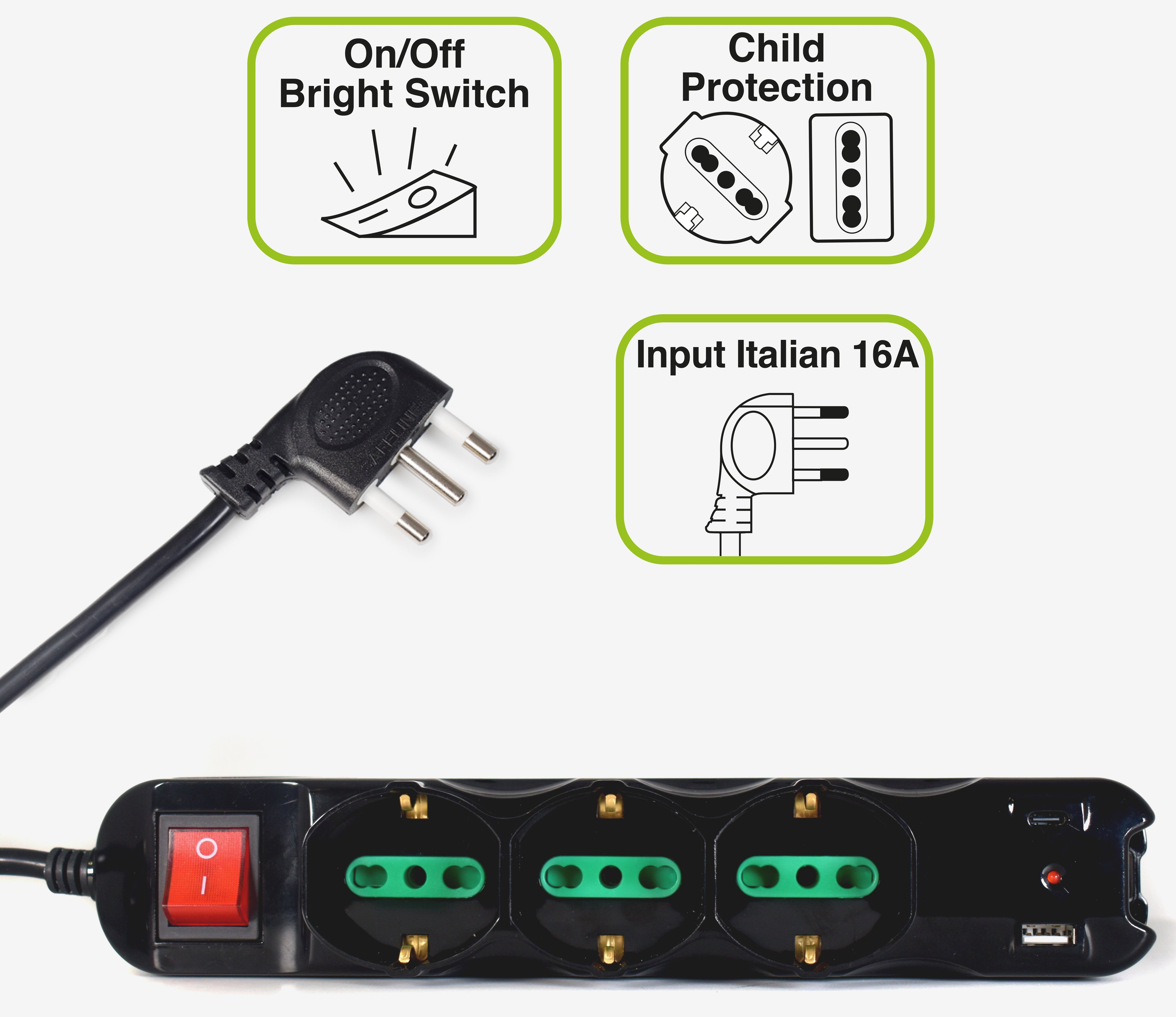 PRESA MULTIPLA TECNOWARE 3 SCHUKO 6 ITALIA 10/16A 1*USB-A 1*USB-C INT
